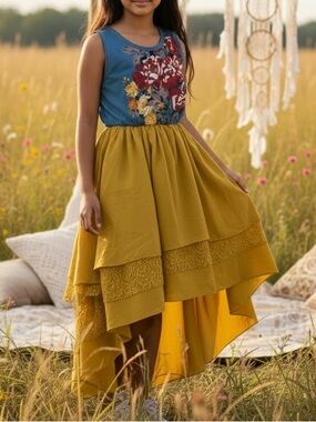 Oopsie Daisy Boutique Vibrant Boho Floral Maxi Dress with Lace Tiered Skirt